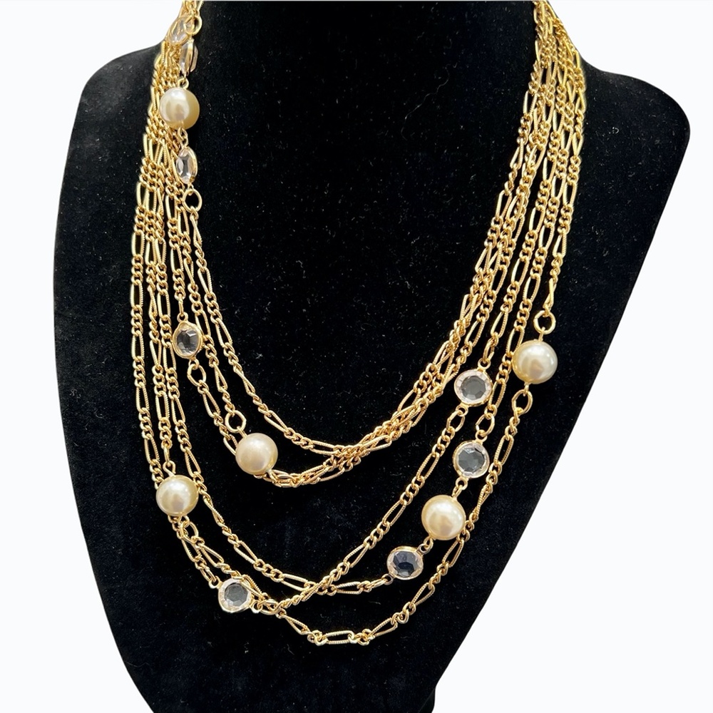 VINTAGE PREMIER DESIGNS CROWN MULTICHAIN NECKLACE WITH CRYSTAL & PEARLS 34.5" L
